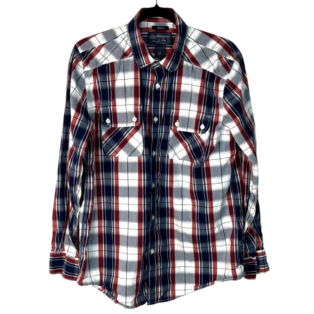 American Rag Navy Red White Plaid Men's Long Sleeve Button Up Dress Shirt Size M